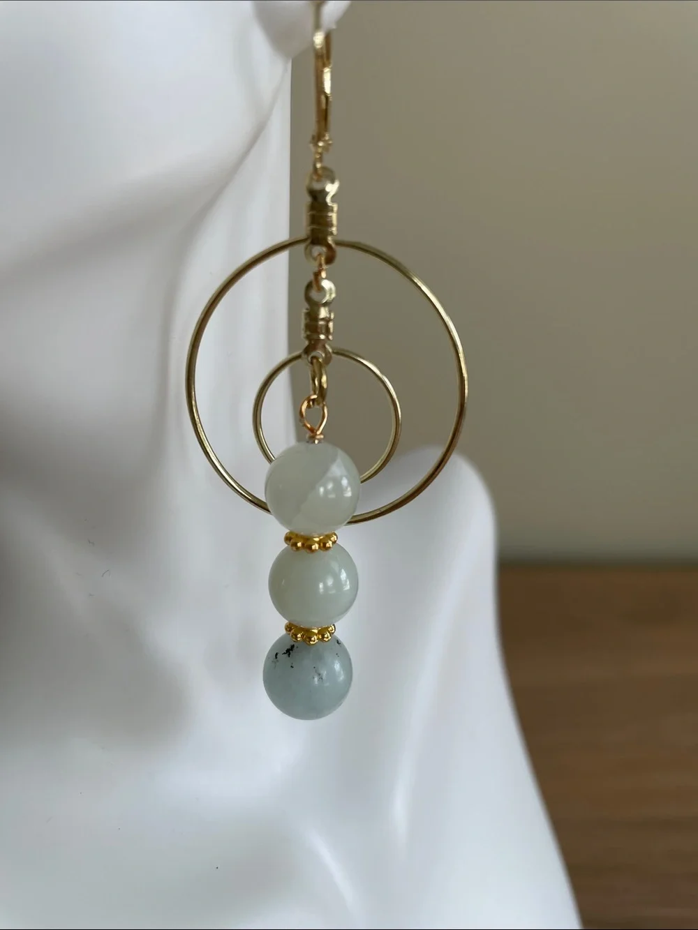 HAND CRAFTED AMAZONITE NATURAL STONE GOLD DOUBLE HOOP EARRINGS Dangle Boho Chic